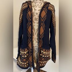 LUCKY BRAND Women Knit Long Sweater Cardigan Aztec Southwest Pockets L/G  BOHO