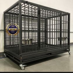 Dog Pet Cage Kennel Size 48” Xl With Grid Trays And Feeding Bowls New