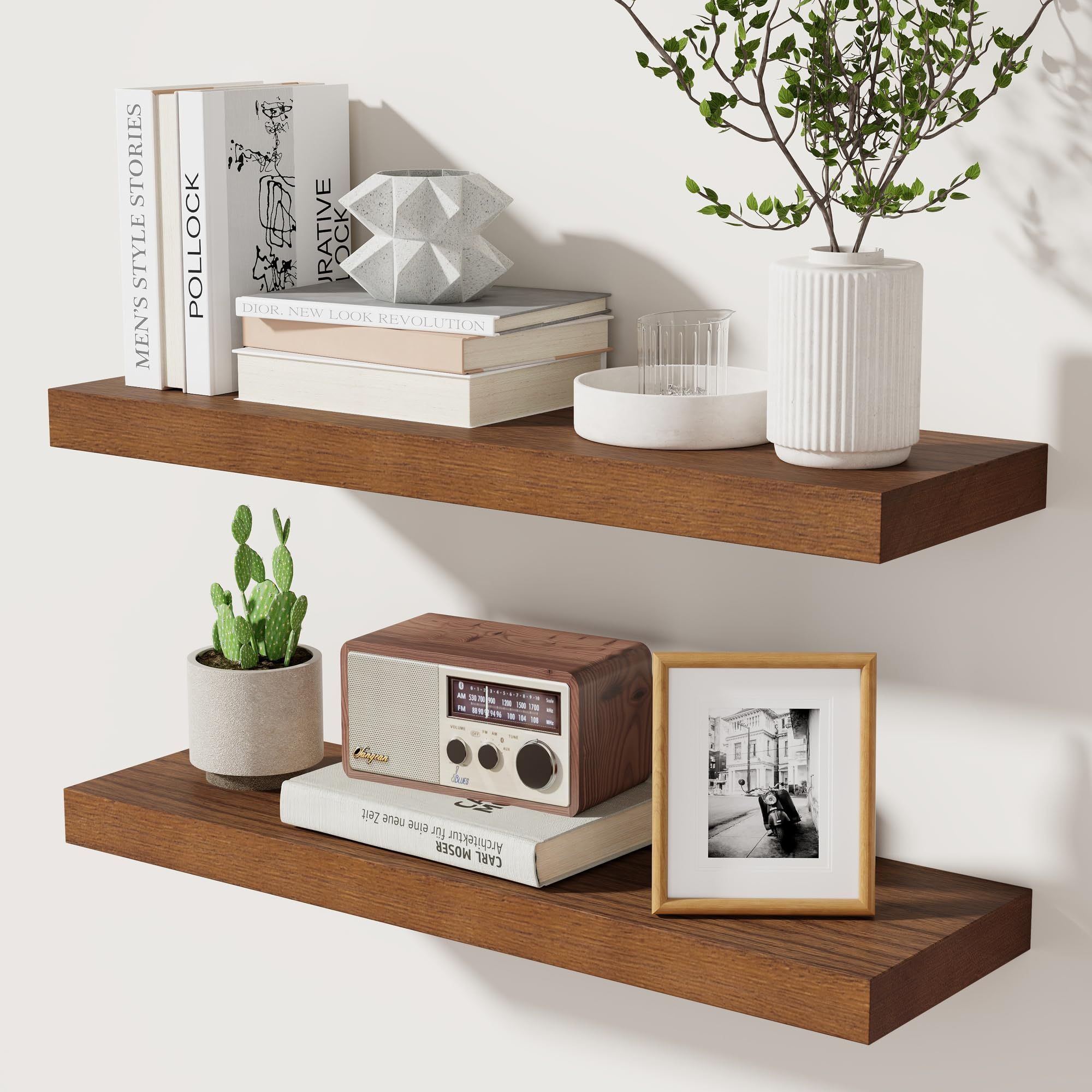 24 Inch Floating Shelves Set of 2, Rustic Solid Wood Wall Mounted Shelves for Decor & Storage, Dark Walnut Shelves for Bedroom Kitchen Living Room - D