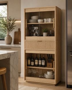 69" TALL KITCHEN PANTRY, MODERN FARMHOUSE FLUTED display STORAGE CABINET L-13 OAK