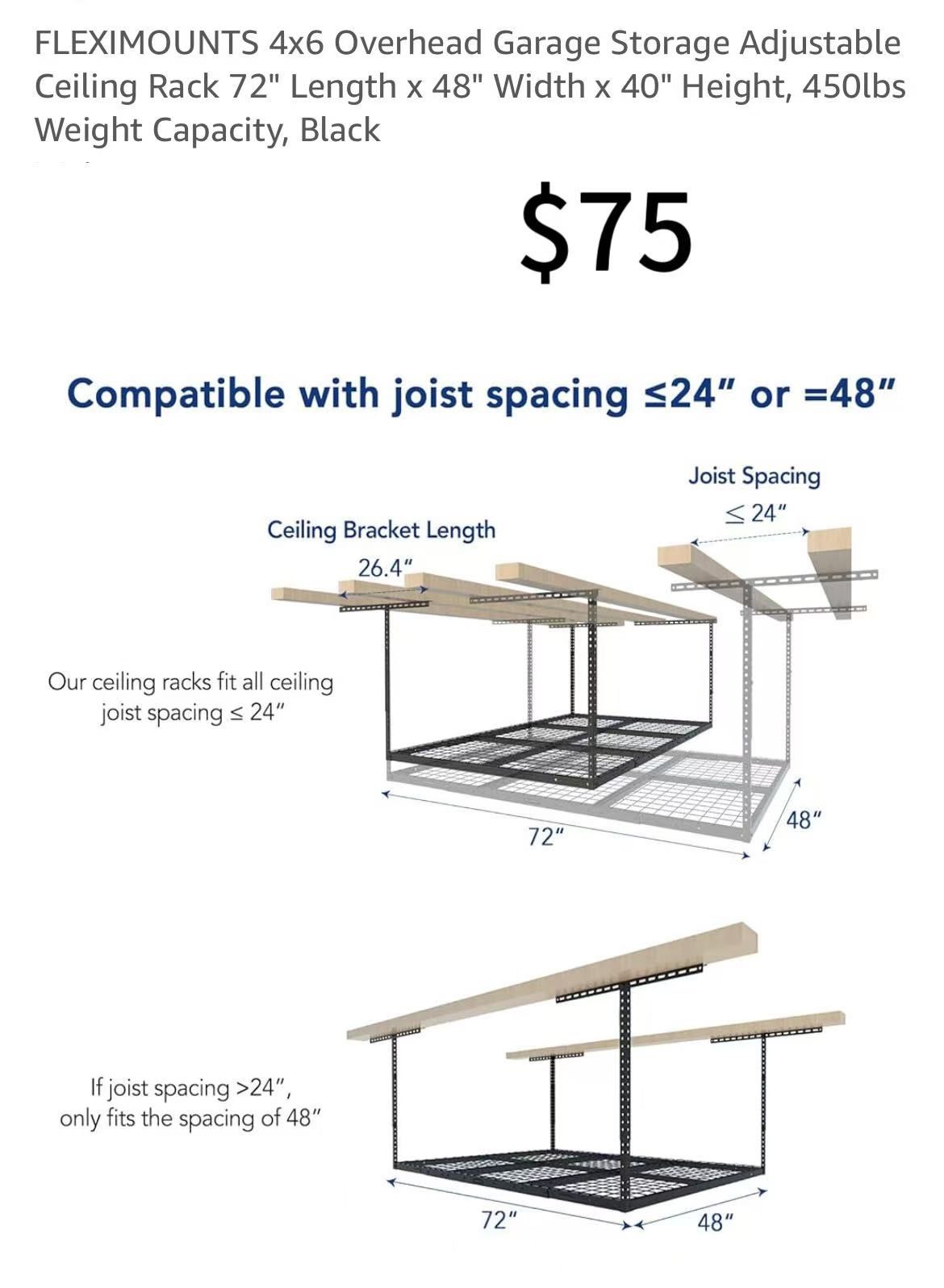 😀 FLEXIMOUNTS 4x6 Overhead Garage Storage Adjustable Ceiling Rack 72" Length x 48" Width x 40" Height, 450lbs Weight Capacity, Black