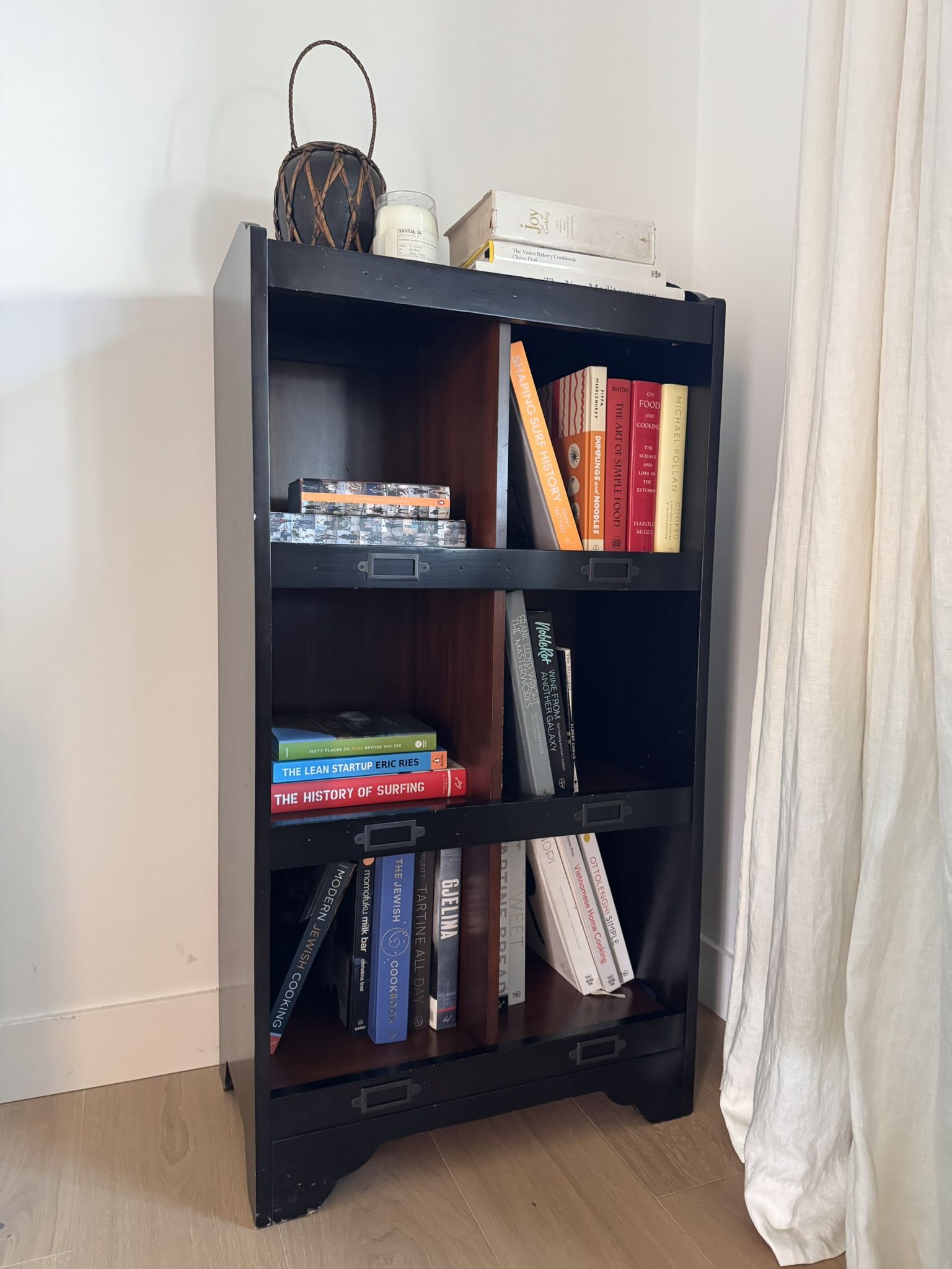 Vintage-style bookshelf with brass labels / plaques