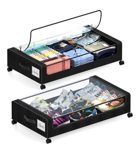Under Bed Storage with Wheels, 2 Pack Under Bed Storage Containers with Dividers & Clear Lids, XXL 65L Under the bed storage Organizer Bins, Underbed 