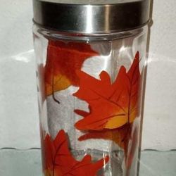 fall leaves painted on glass storage container with metal screw top cover PRICE IS FIRM