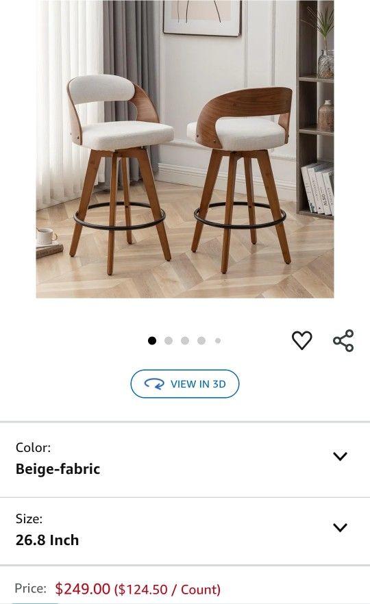 Barstools Set of 2,Counter Height Bar Stools for Kitchen Island,26.8 Inch Modern Upholstered Bar Chair, Swivel Counter Stools with Wood Back and Bambo