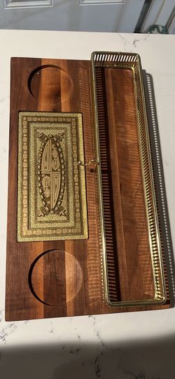 VINTAGE CULVER LTD SEVILLE CAVIAR CRACKER SERVING WOOD SET GOLD PLATED RACK SERVING BOARD
