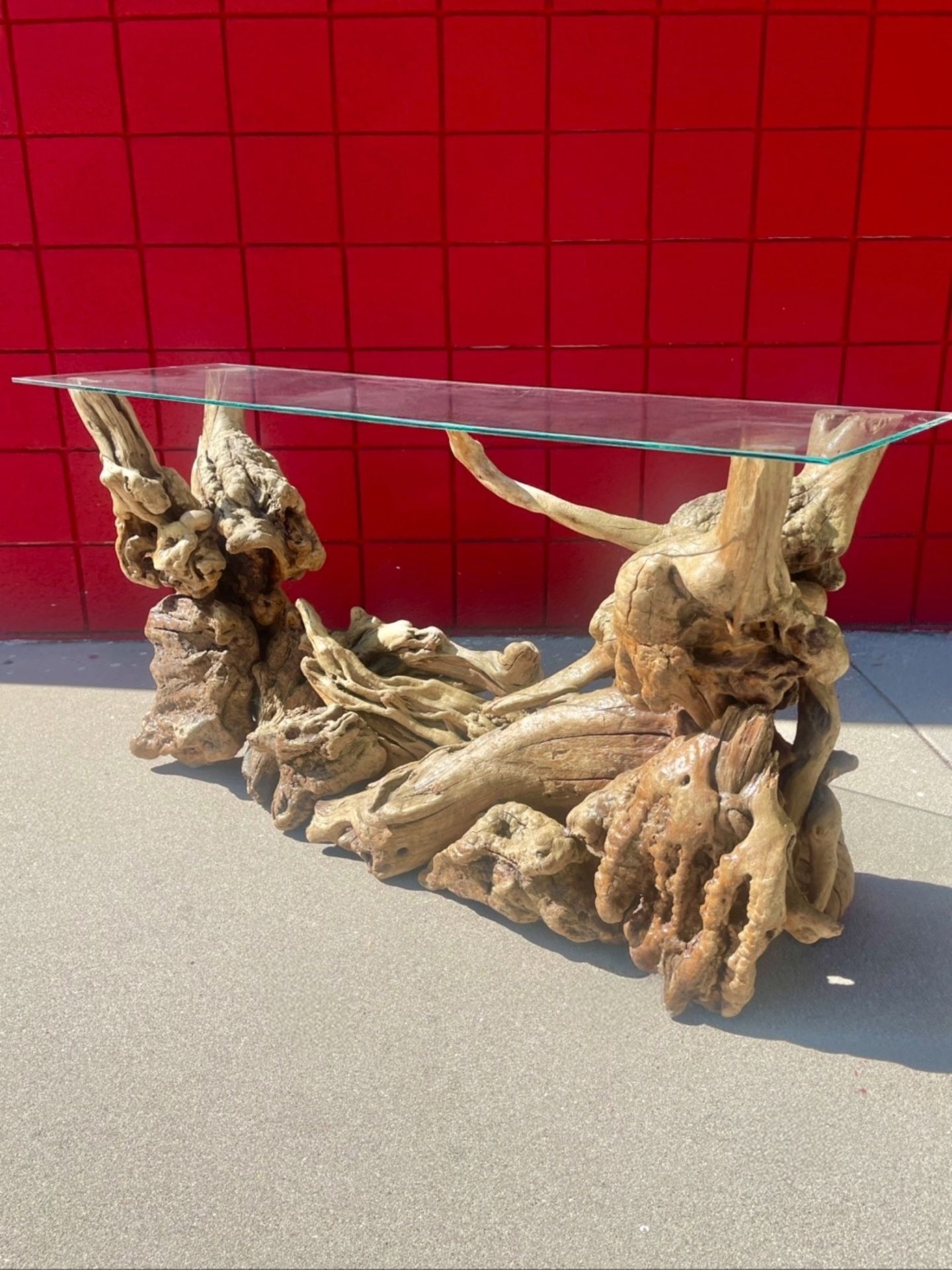 1970s Mid Century Modern Burl Driftwood Console Table
