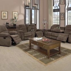Brown Chenille Fully Reclining Three Piece Couch Set 