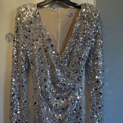 Silver Sequins Long Dress With Long Sleeves By Fashion Nova Size M
