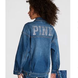 Victoria Secret Pink  Oversized Denim Jean Jacket Bling 