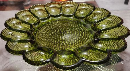 Vintage Olive Green Hobnail 15 Deviled Egg Tray