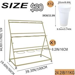 ✌️ Golden Iron Flower Display Stand With Wheels and 12 Buckets, 3 Layers Heavy Duty Moving Plant Cart Shelf, Wrought Iron Florist Shelf