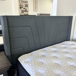 Grey Linen Platform Bed Frame 