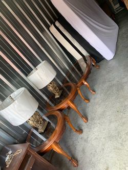 Pair of Round Glass-Top Wood End Tables