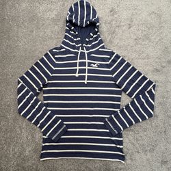 Hollister Mens L Navy White Striped Pullover Hoodie Seagull Logo