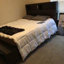 Dark Wooden Bed frame with storage and bench