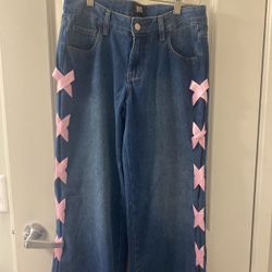 Blue Jean with pink ribbons