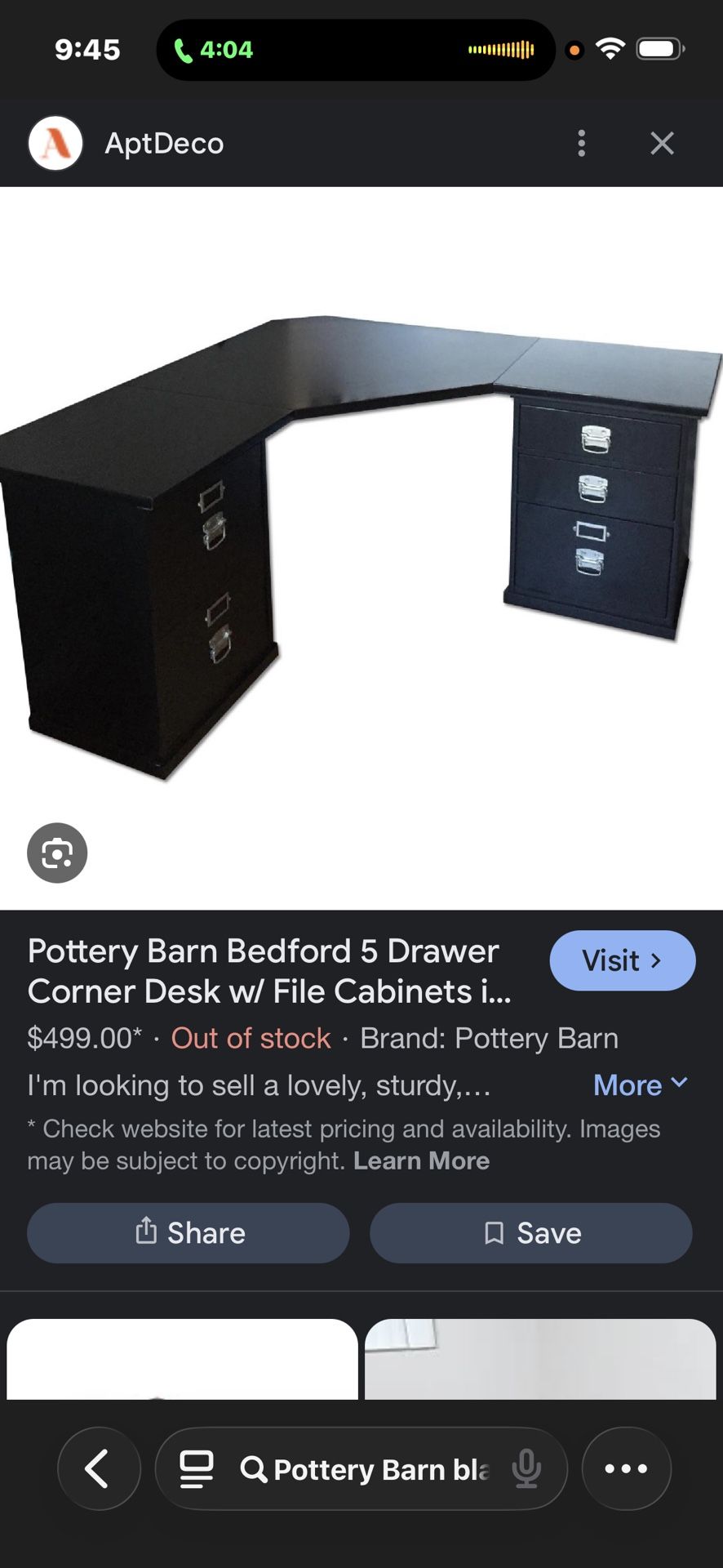 Pottery Barn Corner Black Desk Like New