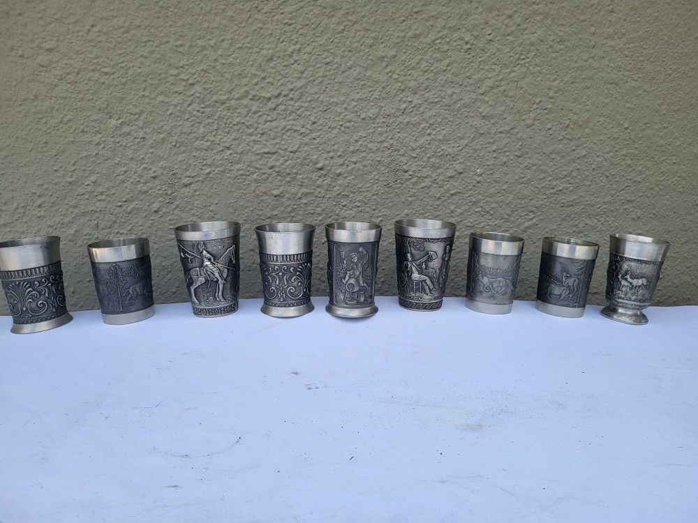 9 Pices Mix Designs Vintage Piece German Pewter Drinking Cups "Waidmanns Heil"