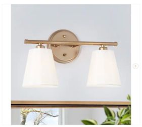 Modern Farmhouse Gold Bathroom Wall Sconce, 14.6 in. 2-Light Gold Vanity Light with Fabric Shades - New