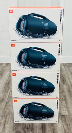 New JBL Boombox 4 portable speaker in original box. This blue speaker has up to 24 hours of playtime and IP67 waterproof and dustproof rating. It incl