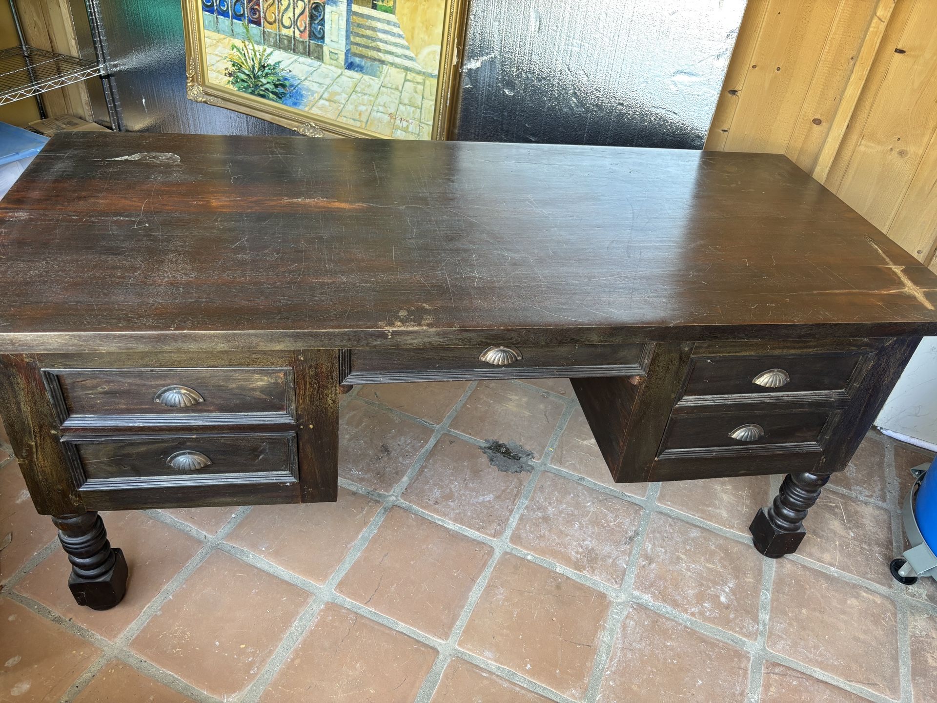 Wood Desk With Dual Side File Cabinets/ Drawers