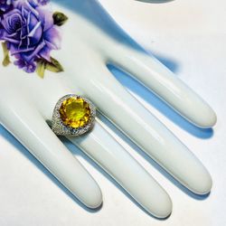 STERLING SILVER.925 STAMPED GOLDEN CITRINE AND CZ RING