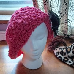 Hot Pink Crochet Slouchy Hat With Flower Pin