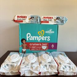 Pampers Diapers, Size 6 Or 7 And Huggies Wipes  6 Packs