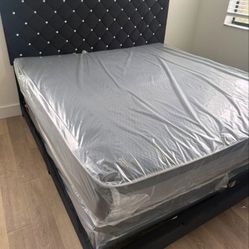Queen Size Bed Frame Diamond Headboard Velvet Mattress And Box spring Set Free Delivery, Cama Nueva Queen Size Negra Completa 