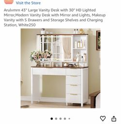 43" Large Vanity Desk with 30" HD Lighted Mirror,Modern Vanity Desk with Mirror and Lights, Makeup Vanity with 5 Drawers and Storage Shelves and Charg