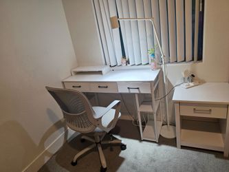 White Computer Desk + Ergonomic Mesh Chair + Nightstand Set