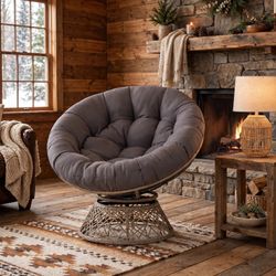 Swivel Papasan Chair — Wicker Base, Dark Grey Cushion (Brand New) - AXMJ