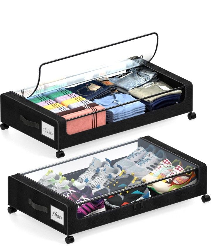 Under Bed Storage with Wheels, 2 Pack Under Bed Storage Containers with Dividers & Clear Lids, XXL 65L Under the bed storage Organizer Bins, Underbed