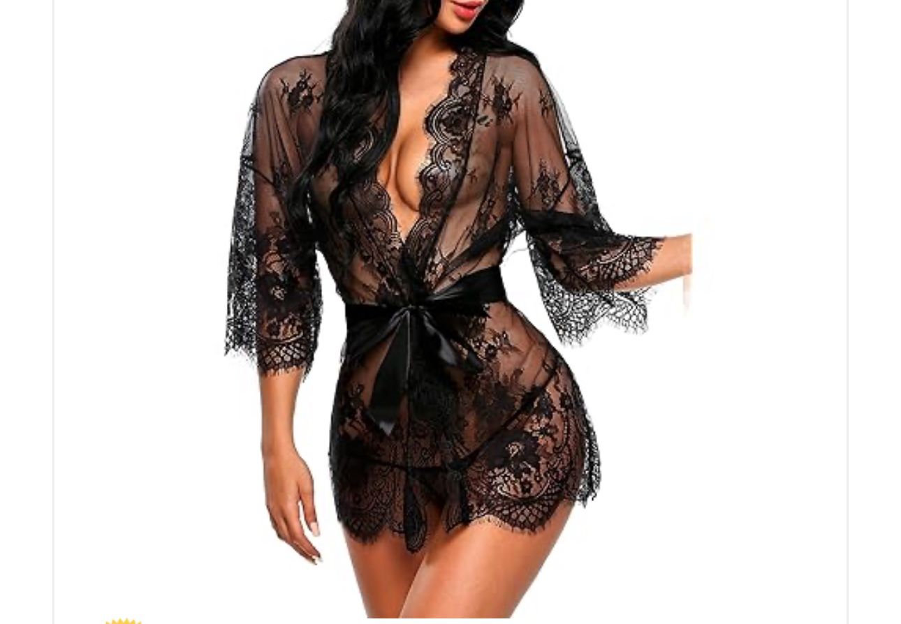 Lace Kimono Robe Babydoll Lingerie Mesh Nightgown