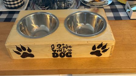 Hand crafted wood dog bowl holder