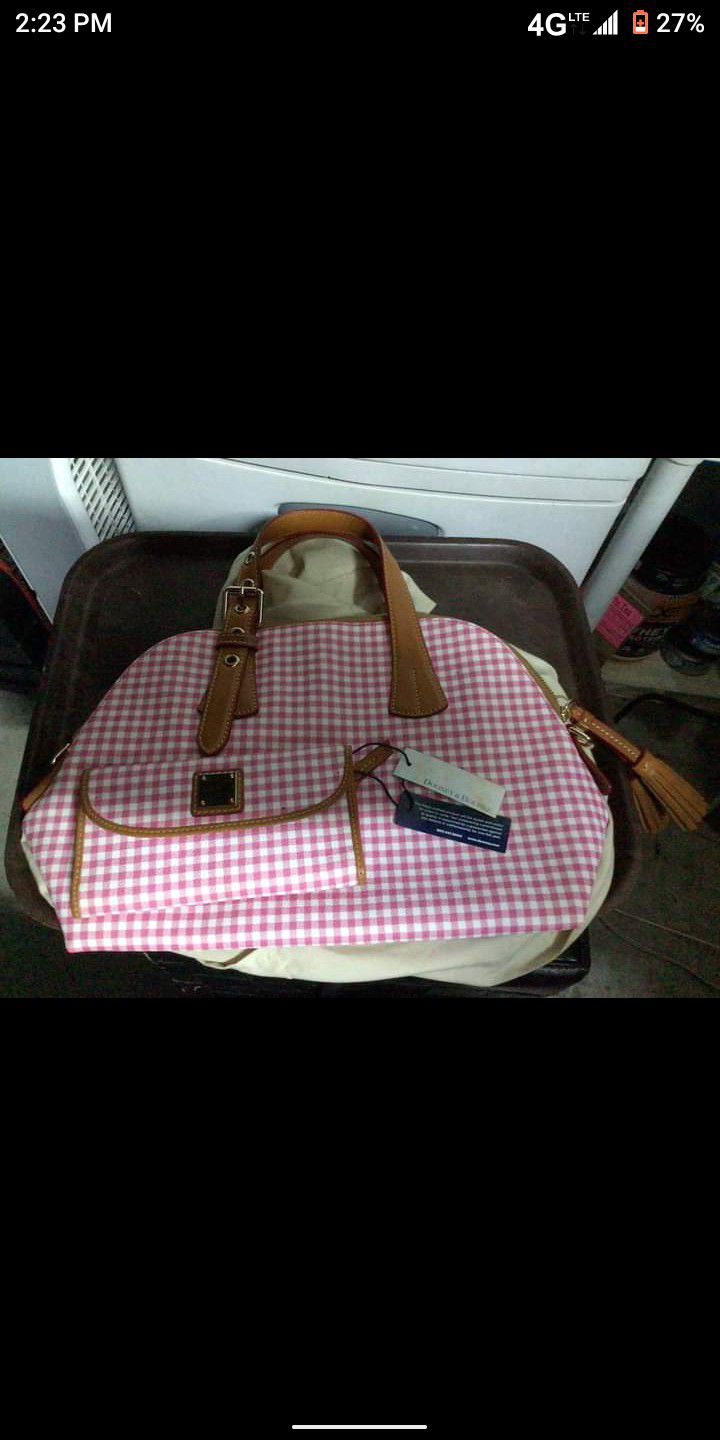 Dooney & Bourke NEW tags Pink White Plaid Beige Matching Wallet Tan Bag