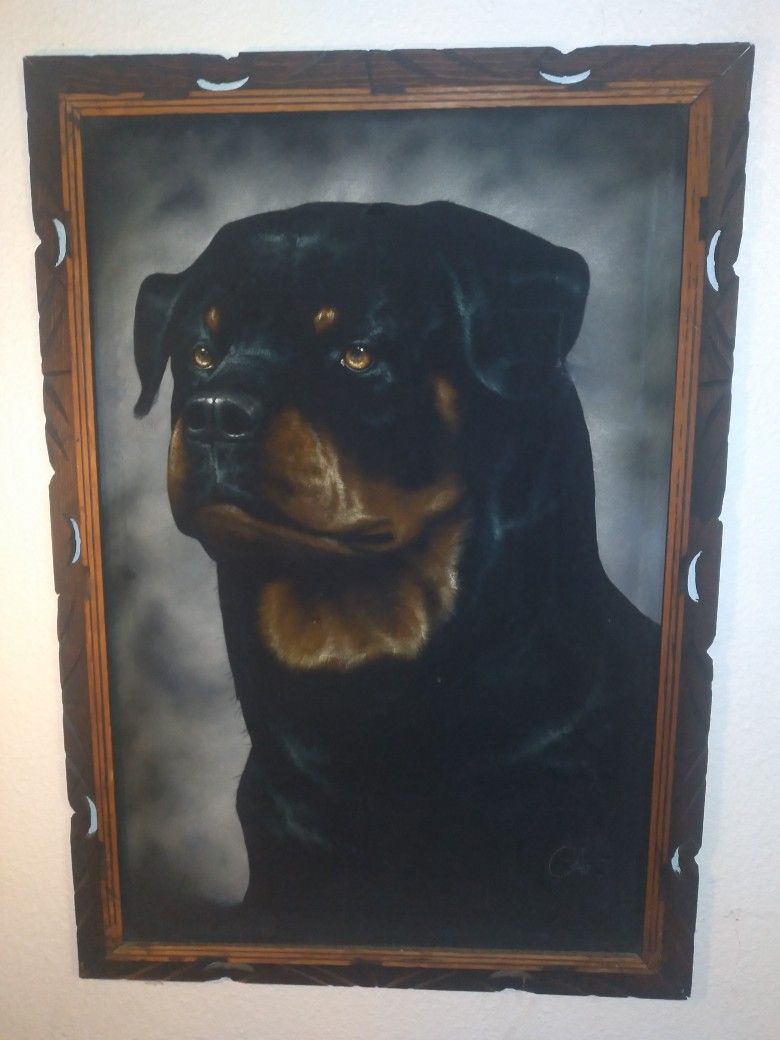 Vintage Mexican Folk Art Black Felt Wooden Frame 28x40 Rottweiler Dog