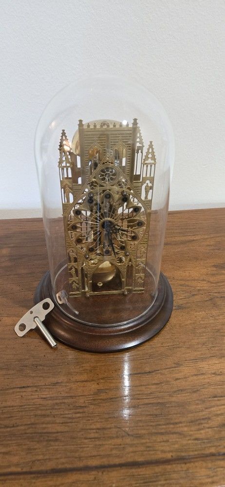 Vintage York Minster Cathedral Skeleton Clock With Glass Dome