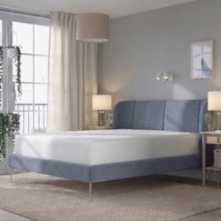 King size Blue Upholstered Bed Frame with Headboard