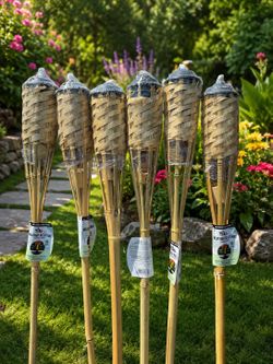 Six (6) TIKI Brand Weather Resistant Bamboo Torches