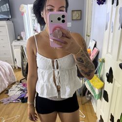 White Eyelet Lace Tie-Front Babydoll Tank