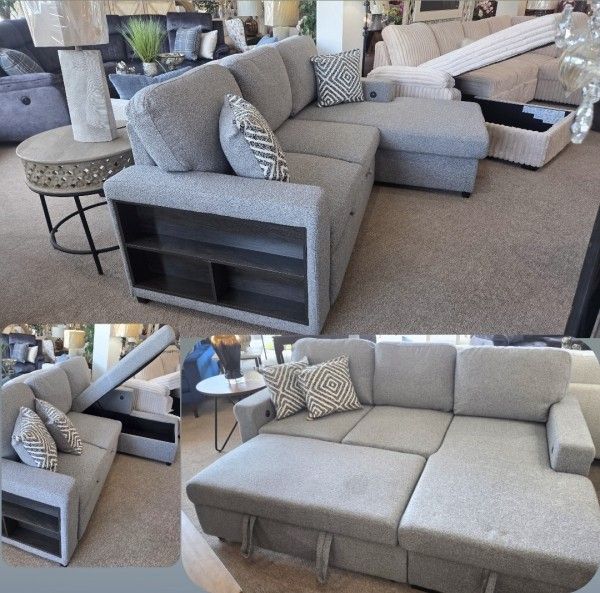 New Grey Sofa Chaise (Sleeper) with USB Charger and Storage