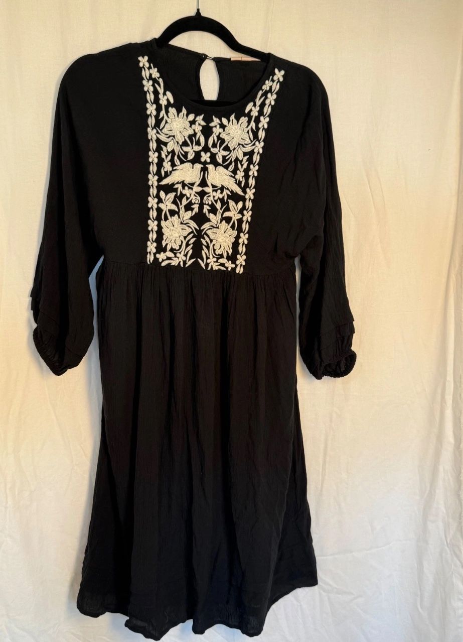 Knox Rose Black Embroidered Bird Floral Prairie Mini Dress XS