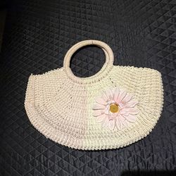 🌸 Woven Raffia Straw Handbag – Pink & Cream Daisy Summer Tote 🌸