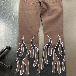 MNML  Flare Leather Pants With Flames 