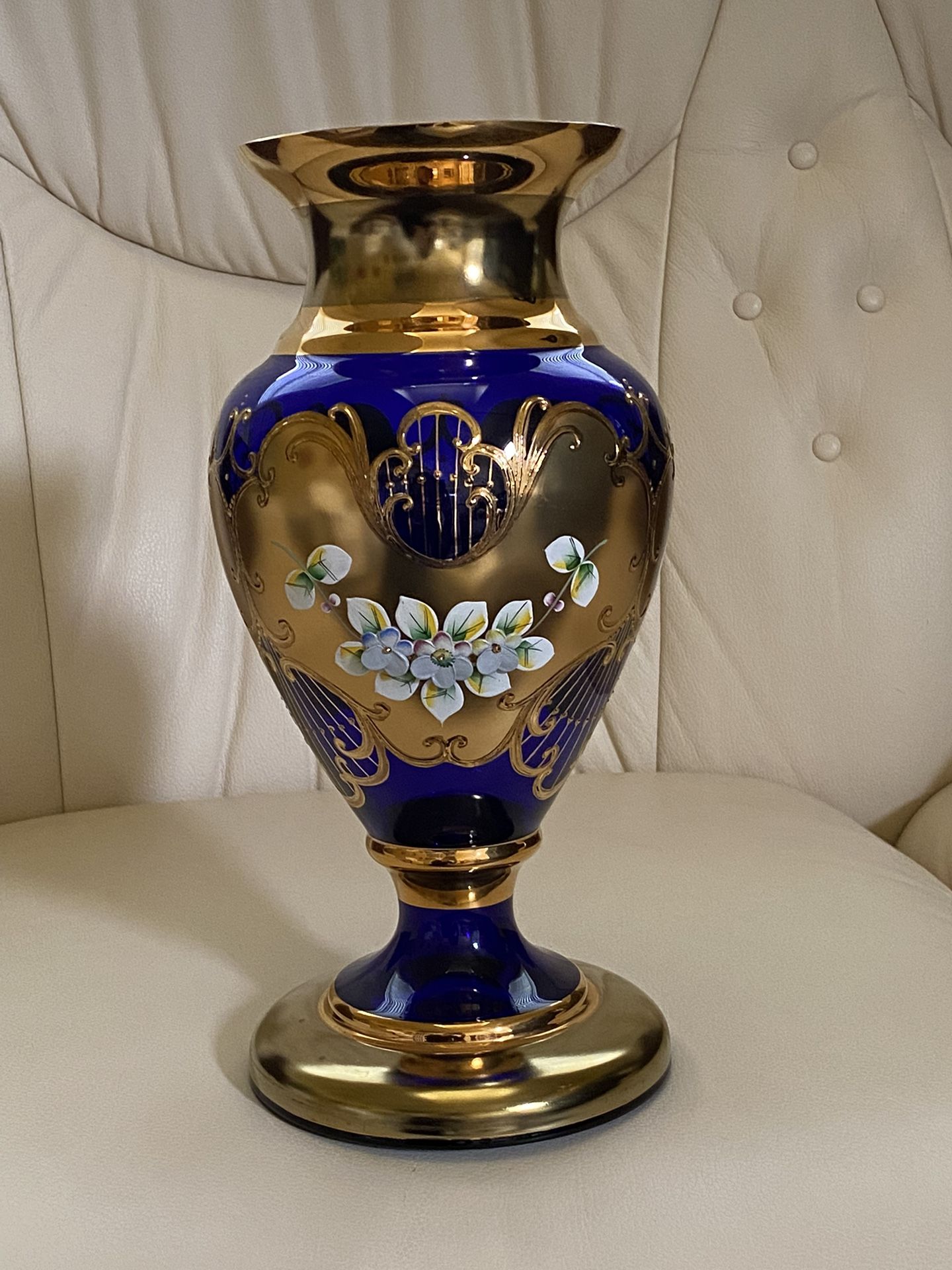 12” Vase Crystal Enameled Painted in 24 ct Gold