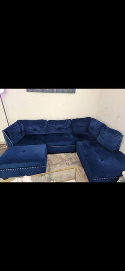 Navy Blue Velvet Sectional Sofa with Ottoman