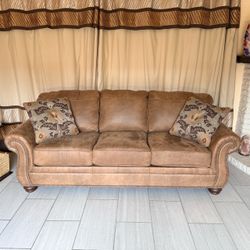 Ashley Faux Brown Sofa, Couch  with Pillows, like new