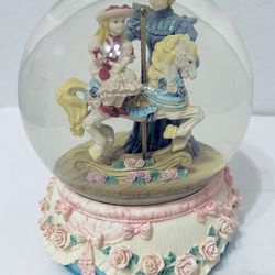 Girl On Carousel Horse With Mom Large Vintage Musical Snow Globe-WORKS